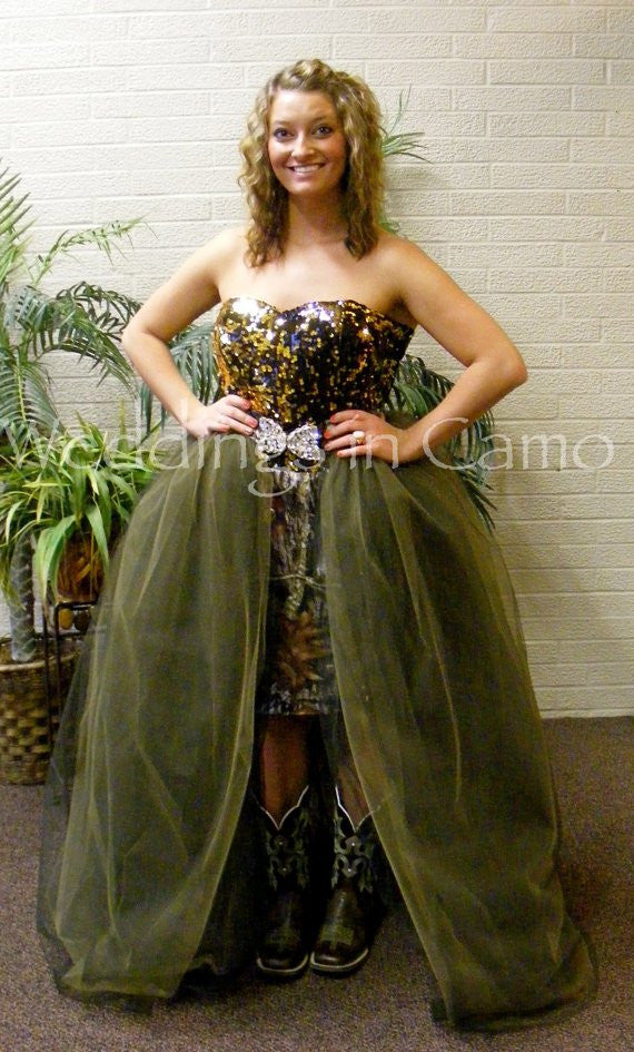 CAMO Dress strapless short with SEQUINS and long overskirt