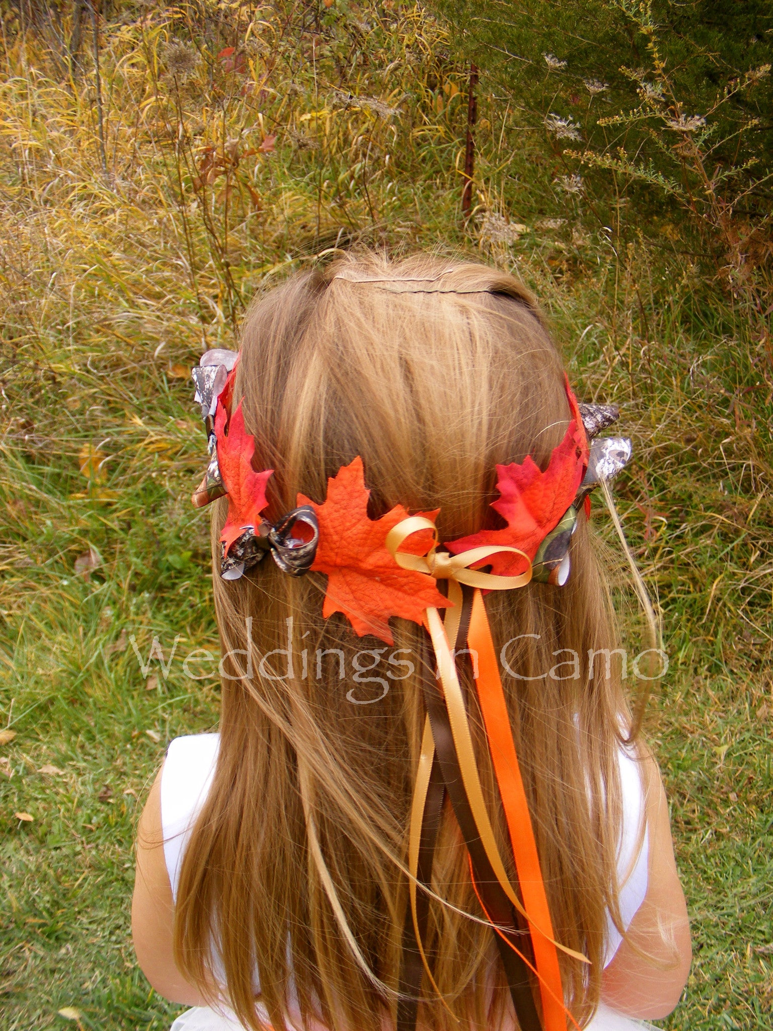 flower girl wreath with leaves and camo ribbon