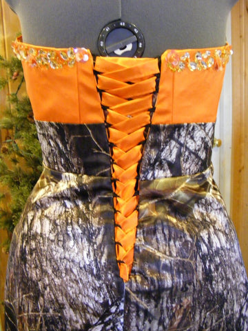 CAMO DRESS High low hemline+beaded CORSET back dress