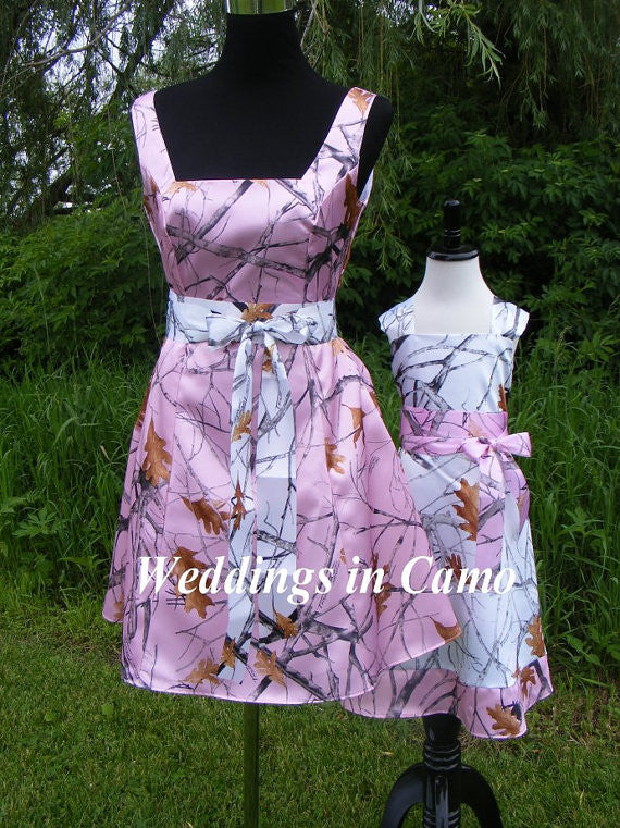 short camo bridesmaid and matching flower girl dress
