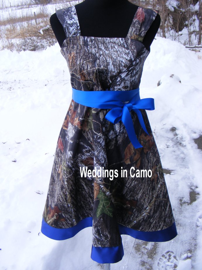Mossy Oak camo flower girl dress trimmed in Royal blue