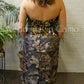 long camo prom dress with black and gold sequins