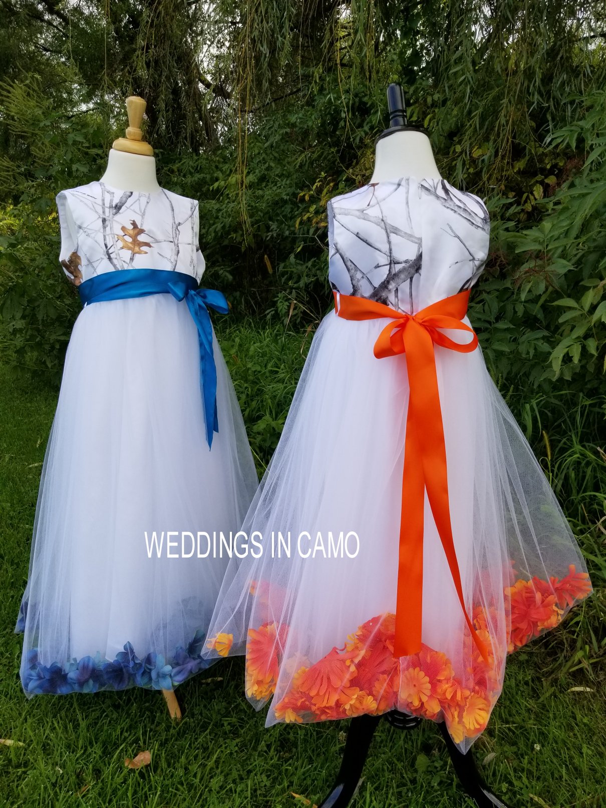 flower girl dresses in snowfall camo and tulle skirt with flower petals