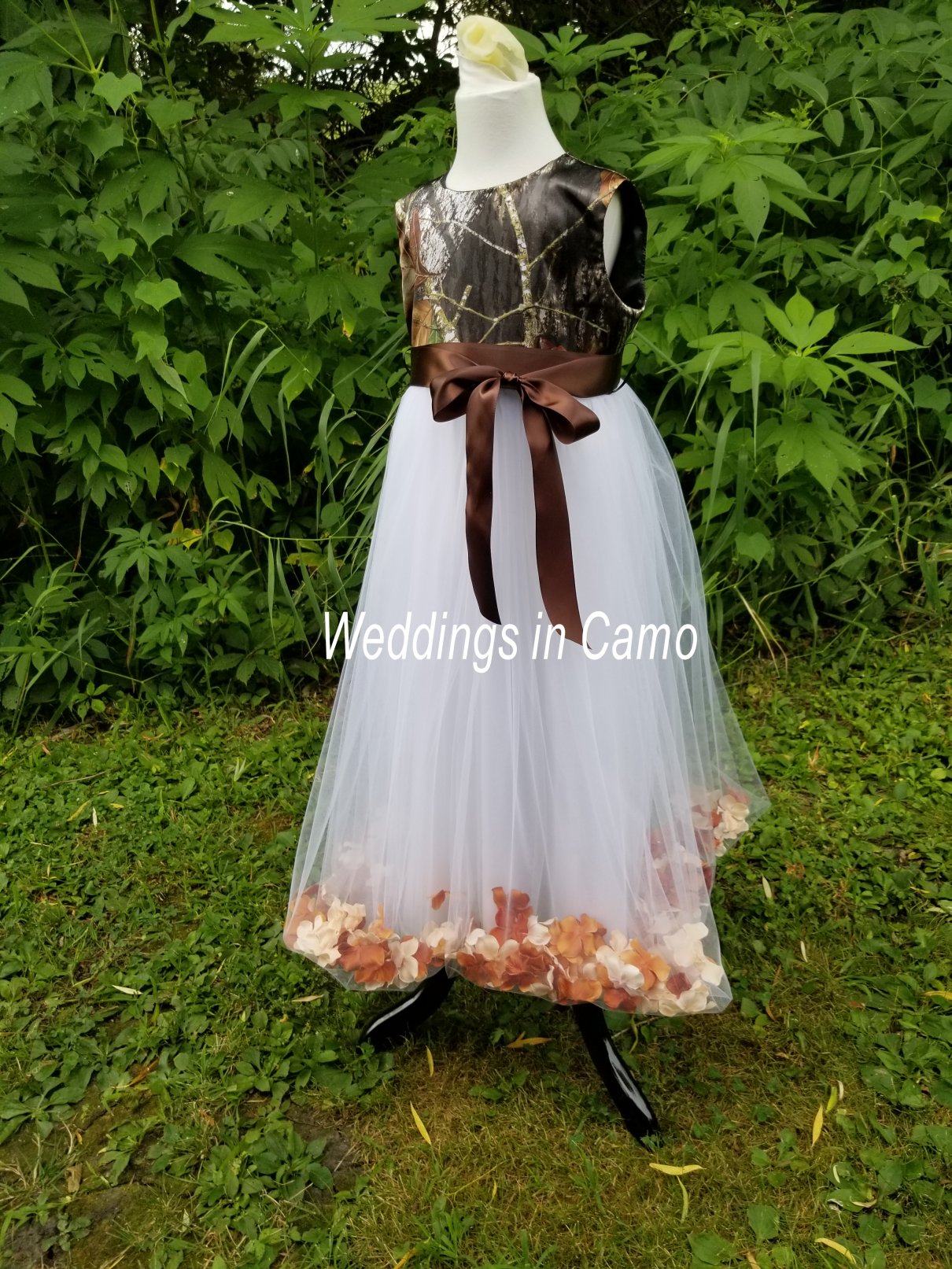 flower girl dresses in Mossy Oak camo and tulle skirt with flower petals