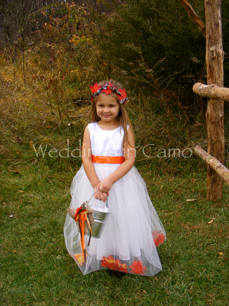 FLOWER GIRL Dress+FALL wedding+leaves in tulle