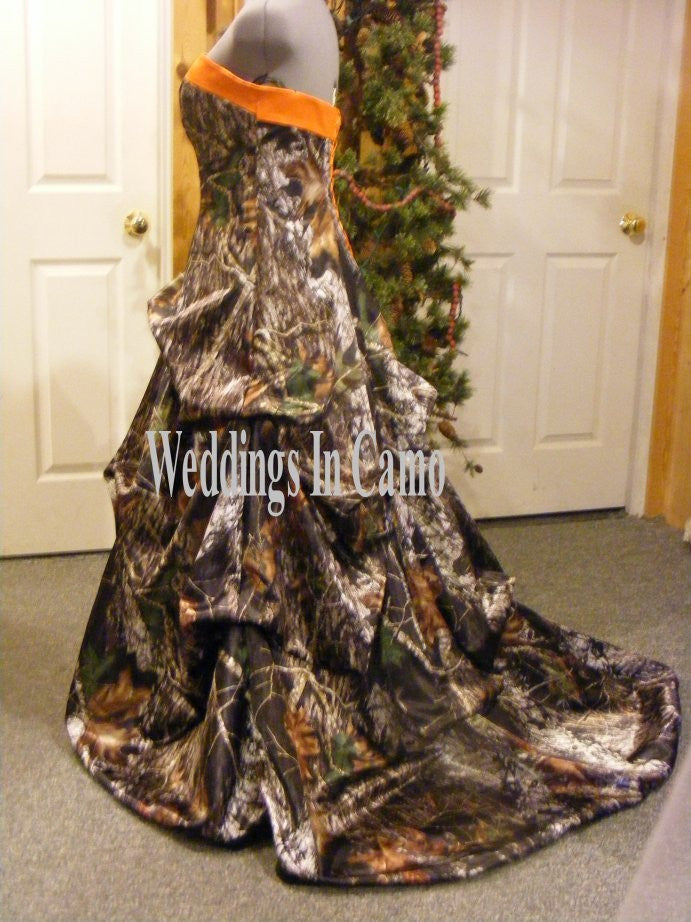 Camo wedding dress with orange trim sales
