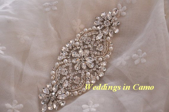 beaded sash for wedding dress 4663 Boho Pearls & Crystal Leaves Hand Wired Floral Vine Bridal Belt on Ivory Ribbon
