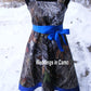 Mossy Oak camo flower girl dress trimmed in Royal blue
