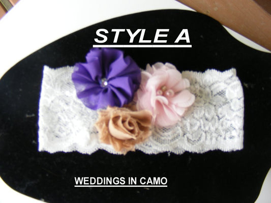 lace wedding garter with shabby flower accents