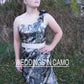 gold camo wedding dress accented with black lace fit n flare