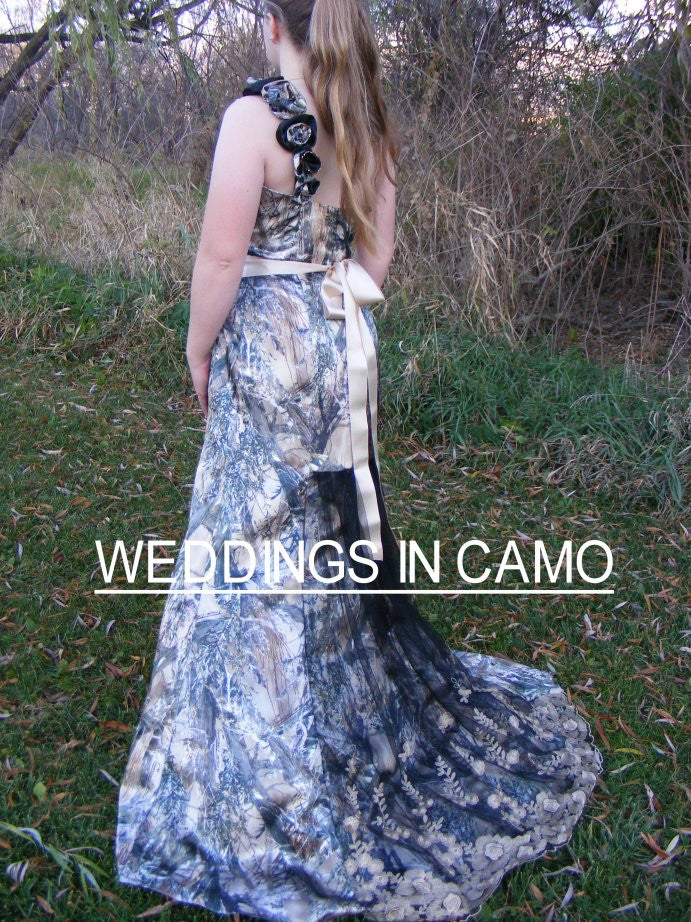 gold camo wedding dress accented with black lace fit n flare