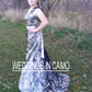 gold camo wedding dress accented with black lace fit n flare