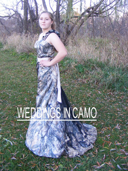 gold camo wedding dress accented with black lace fit n flare