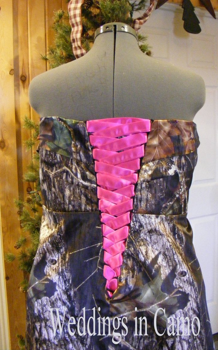 camo and hot pink wedding dress PINK CAMO WEDDING Dress fitted style and CORSET back sizes 16 to 24