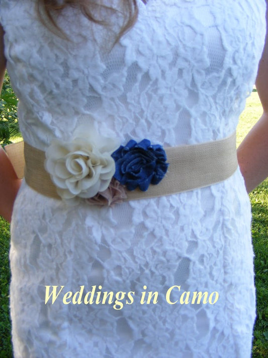 burlap ribbon sash with shabby flowers