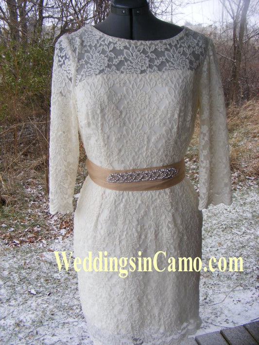 SHORT Lace Dress for your Wedding with OPTIONAL Tulle skirt and rhinestone beaded ribbon belt