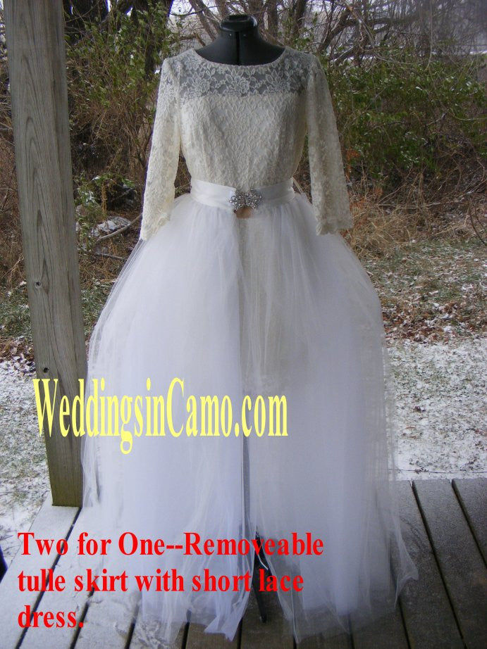 SHORT Lace Dress for your Wedding with OPTIONAL Tulle skirt and rhinestone beaded ribbon belt