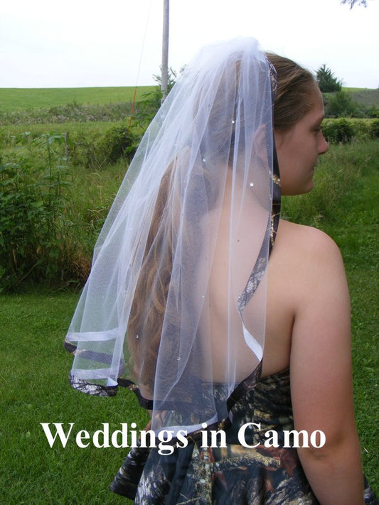 wedding veil with crystals and camo ribbon trim