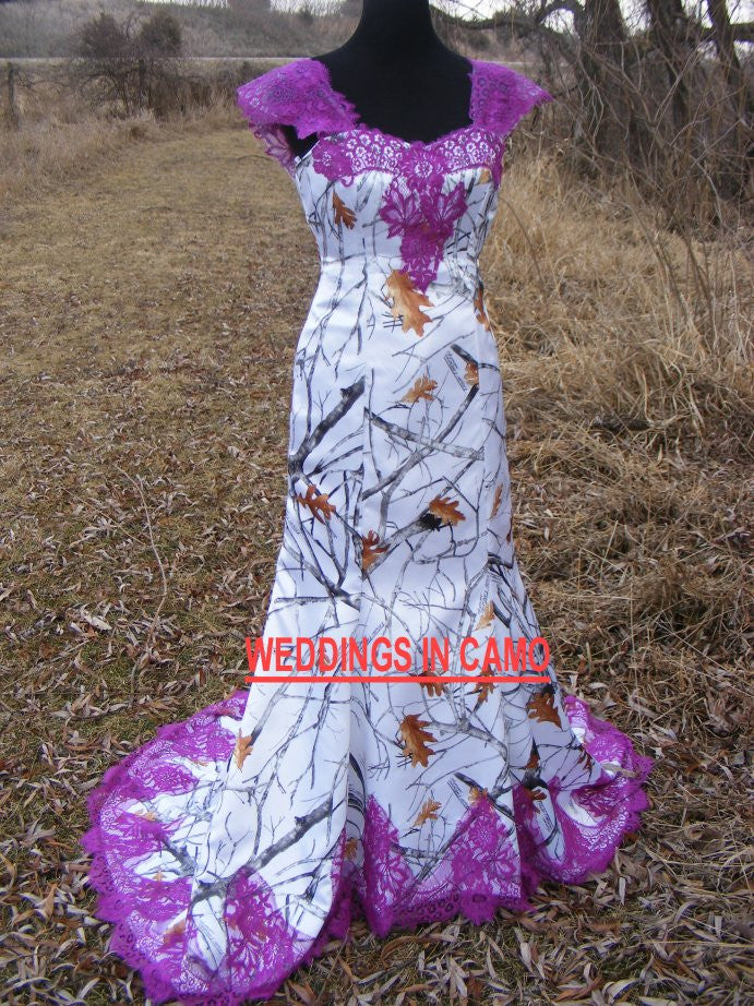 Snowfall camo wedding dress with purple lace fit n flare