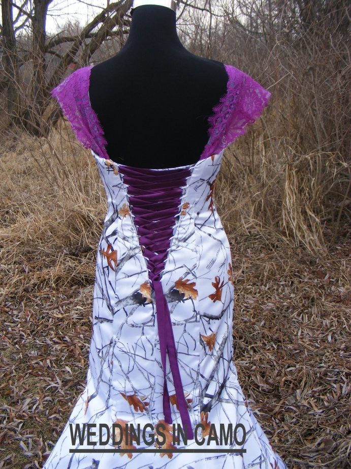 Snowfall camo wedding dress with purple lace fit n flare