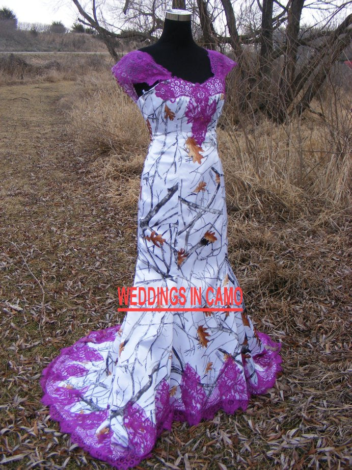 Snowfall camo wedding dress with purple lace fit n flare