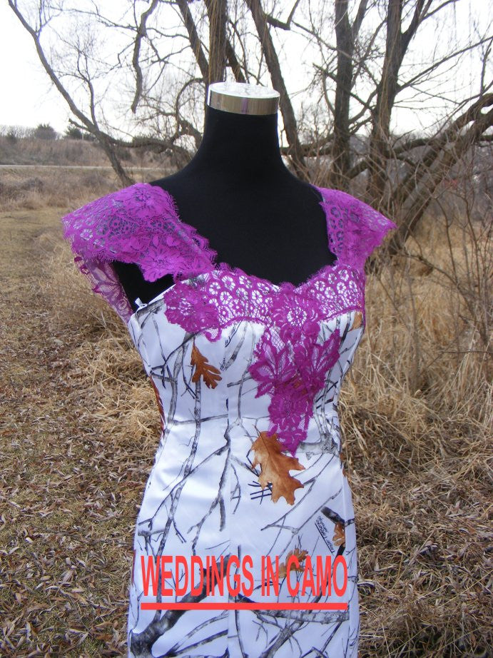 Snowfall camo wedding dress with purple lace fit n flare