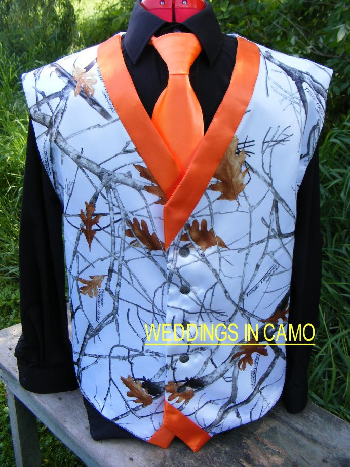 Snowfall camo two-tone vests with colored trim